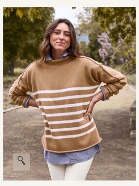 New Frank & Eileen MONTEREY Rolled Funnel Neck Sweater, Camel Cream Stripe, M